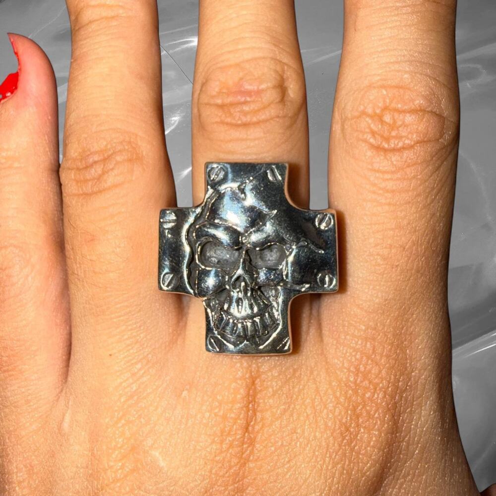 Vintage Goth Grunge 925 Sterling Silver Skull Cross Biker Ring Fine Jewelry Punk